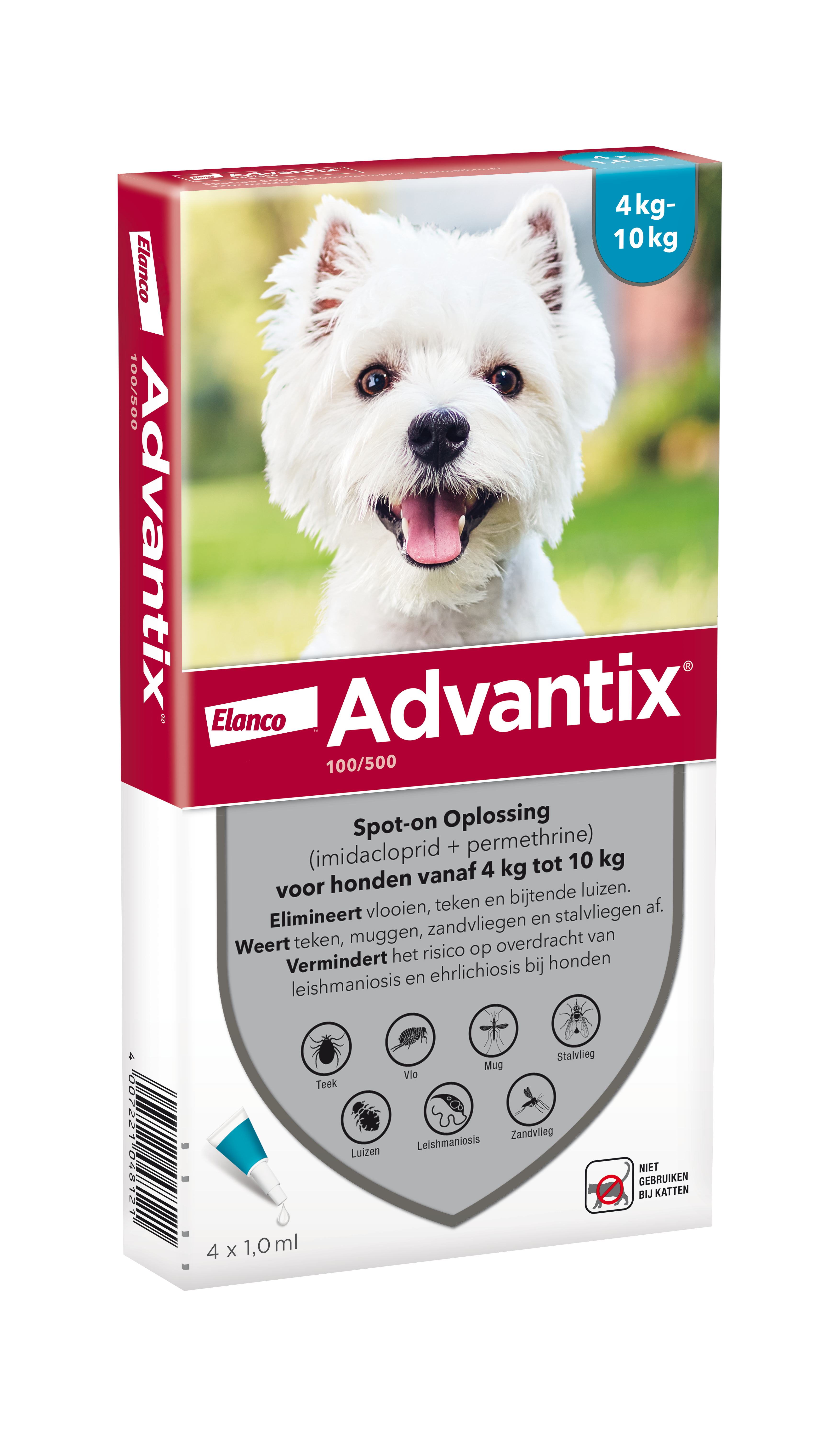 Advantix vlooien- en tekenpipet voor honden 100/500 (4 tot 10 kg) 4 pipetten