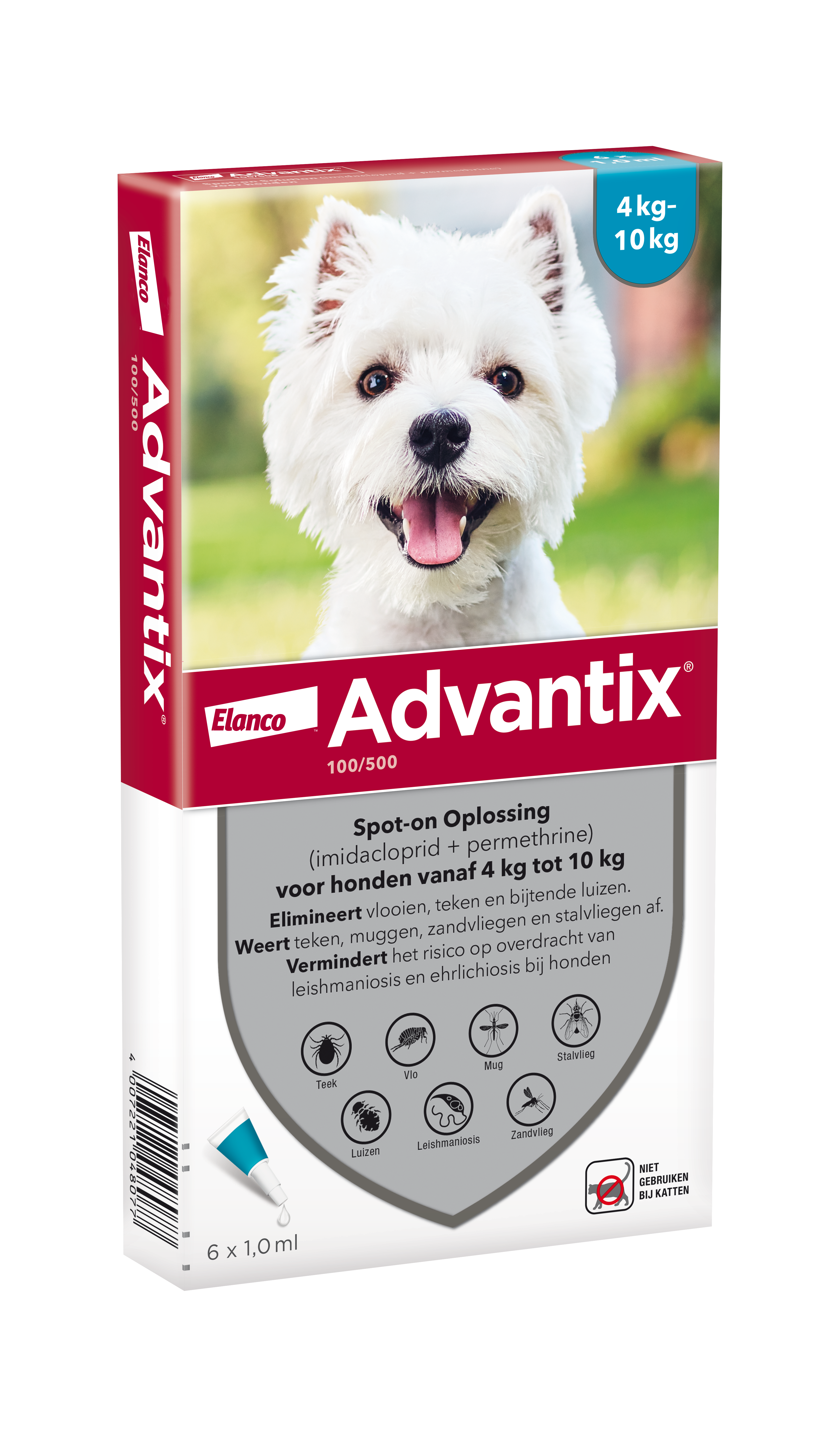 Advantix vlooien- en tekenpipet voor honden 100/500 (4 tot 10 kg) 6 pipetten